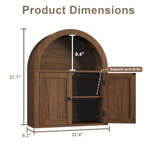 ChooChoo Arched Wall Cabinet - Double Door Medicine Cabinet with Shelf - Walnut Variation