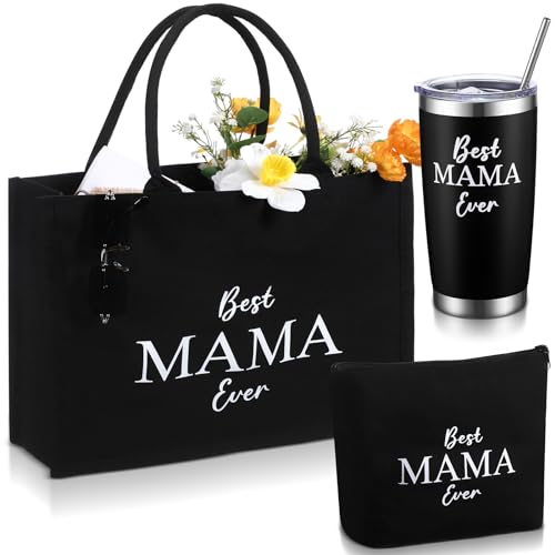 Vesici Mothers Day Appreciation Gifts Mama Canvas Tote Bag with Makeup Bag 20 oz Tumbler for Mom Mother Thanks Gift