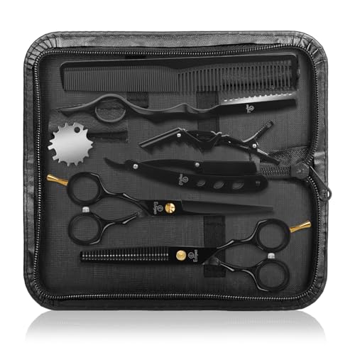 Ethyxe Hair Cutting Scissors Kit with Razor, 2-Scissors Set in Leather Case (Black)