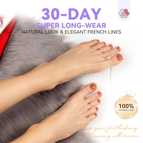 Press On Toenails Kit - Brown French Tips, 216 Pcs, Complete Pedicure Set