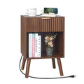 Walnut Brown Nightstand with Charging Station - Fluted Bedside Table with Storage