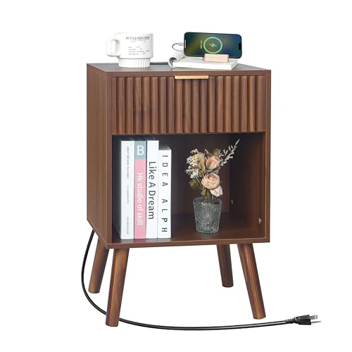 Walnut Brown Nightstand with Charging Station - Fluted Bedside Table with Storage