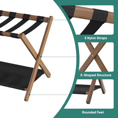 Walnut Bamboo Luggage Rack Set of 2 - Foldable Suitcase Stand with Storage Shelf