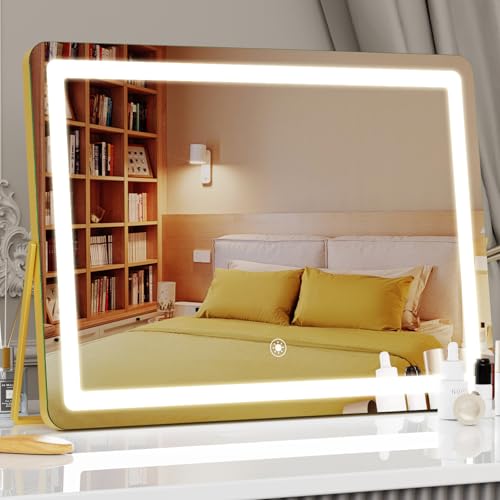 Ligheted Vanity Mirror with Lights, 14" x 12" LED Makeup Mirror, Hollywood Mirror,3 Modes Light, Smart Touch Control Dimmable, 360¡ÆRotation, Rectangle Gold Frame