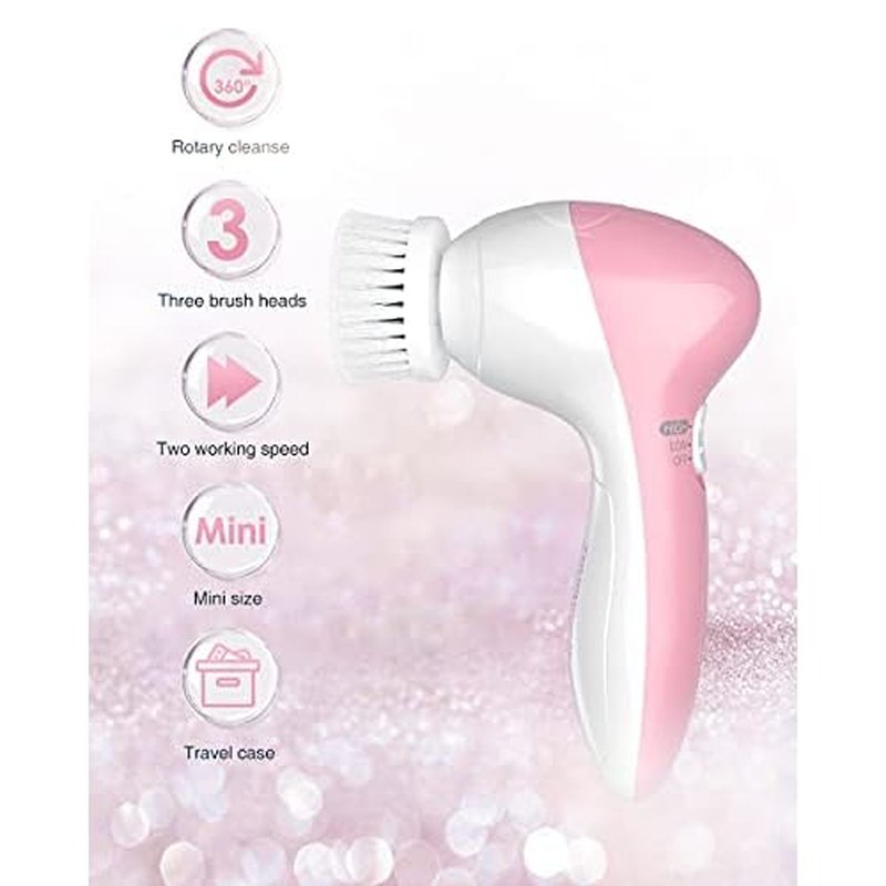 Electric Facial Cleansing Brush for Women, 3-in-1 Face Cleanser and Exfoliator Brush with 3 Brush Heads, 2 Speeds, Waterproof Spin Brush, Travel Size Case, Perfect for Valentine's Day (Pink)