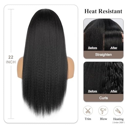 Kinky Straight Headband Wig 22 Inch Black 1B - Glueless Synthetic Hair for Women