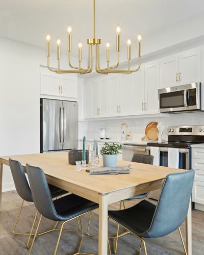 8-Light Gold Chandelier - Brushed Finish Farmhouse Ceiling Light Fixture for Dining Room & Living Room - No Assembly