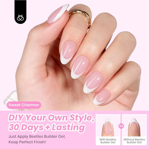 Beetles Press On Nails, French Tip Press On Nails Short Almond Kit with 224Pcs Nail Tips Nail Glue Builder Gel Top Coat Mini UV Light All-in-One DIY Wedding Nail Designs Gift for Women