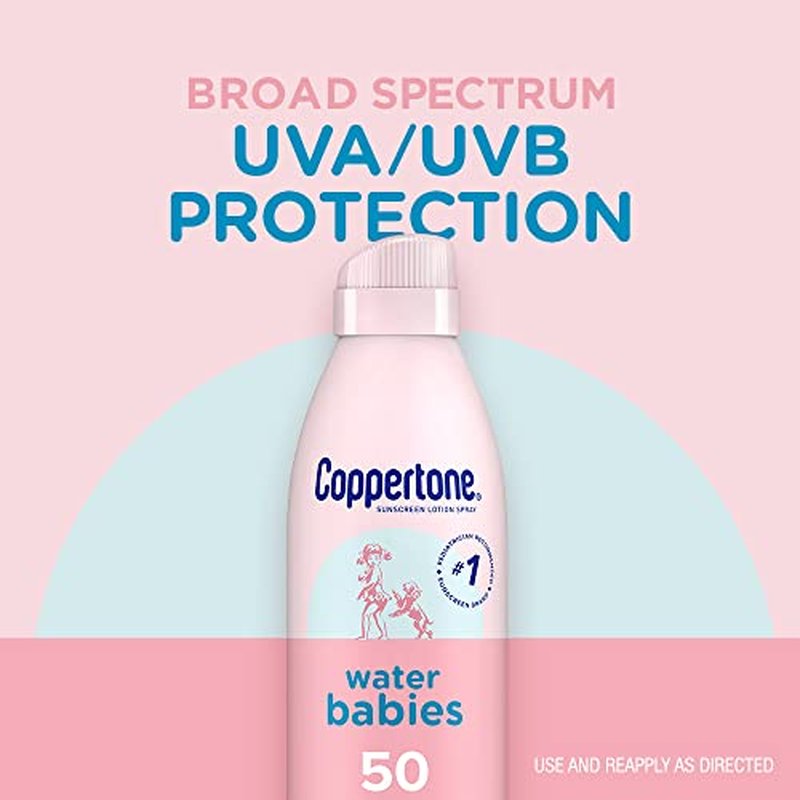 Coppertone WaterBabies Baby Sunscreen Spray SPF 50 (6 Oz) + Pure and Simple Baby Mineral Sunscreen Stick SPF 50 with Zinc Oxide, Tear Free (0.49 Oz) Hypoallergenic and Oxybenzone Free