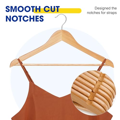 80 Pack Wooden Clothes Hangers - Natural Finish with Pant Bar & Notches, Heavy Duty & 360° Rotatable Hook