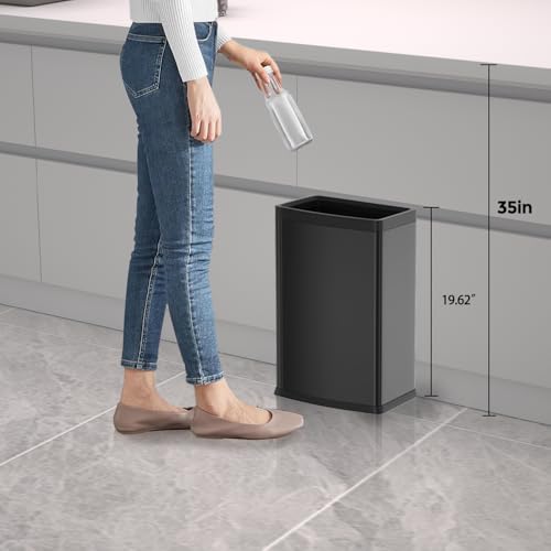25L Stainless Steel Square Trash Can - Large Capacity Kitchen Waste Bin - Black