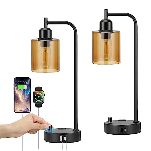 Industrial Bedside Lamps Set of 2 - Amber Glass Shade, Fully Dimmable with USB C & A Ports, Black Table Lamps for Bedroom & Living Room - Variation: Amber