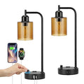 Industrial Bedside Lamps Set of 2 - Amber Glass Shade, Fully Dimmable with USB C & A Ports, Black Table Lamps for Bedroom & Living Room - Variation: Amber