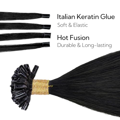 U Tip Hair Extensions Human Hair Jet Black 16 Inch 50 Strands - Seamless & Natural