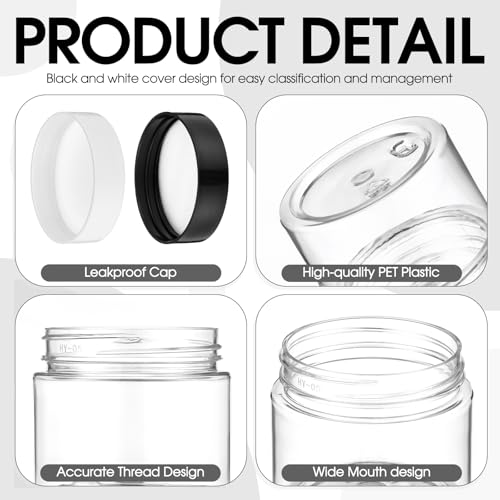 Meanplan 100 Pcs 2 oz Plastic Container Jars Clear Round Cosmetic Container with Lids, Plastic Jars with Screw Lids for Travel Storage, Kitchen Use, DIY Crafts(Black, White, PP)