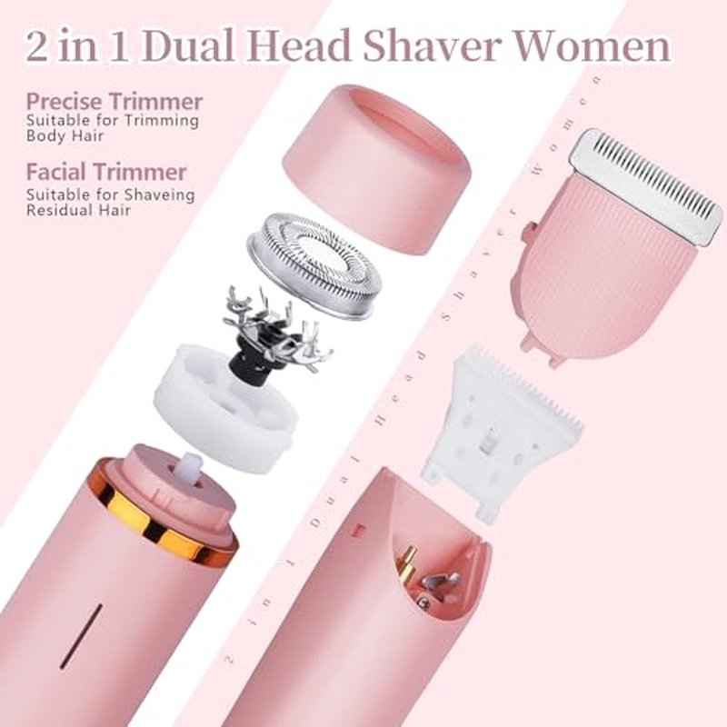 Ladies Electric Razor, 2 in 1 Dual Head Shaver Women, Bikini Trimmer for Women Personal Body Face Leg Arm Hair USB Charge Waterproof Wet and Dry (Pink)