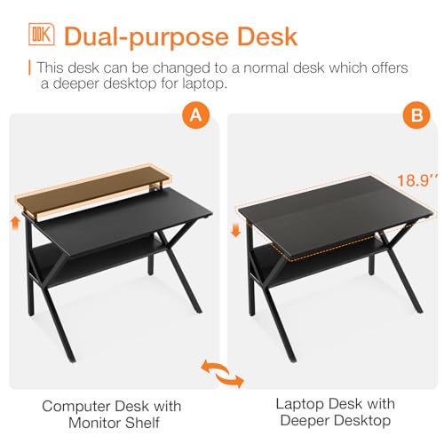 ODK 27.5 Inch Small Desk with Storage & Monitor Stand Black - Compact Home Office