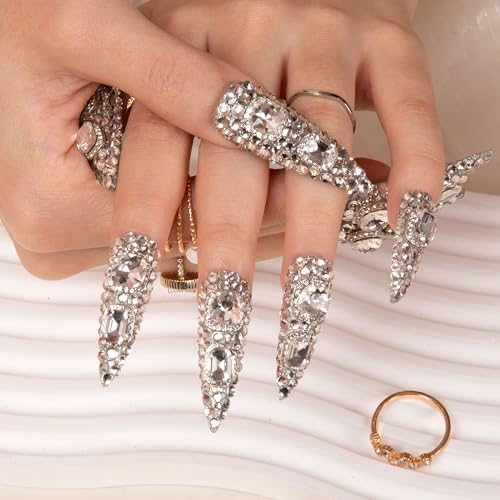 LOVFUL Press on Nails Silver Majesty | Handmade with Full Covered Crystals | Reusable Full Cover Nails | Stiletto Mid Length 1.7 in | H212-S