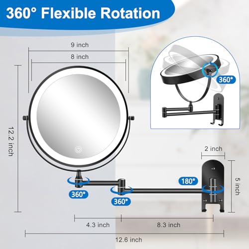Rechargeable Double-Sided 9-Inch Wall-Mounted Makeup Mirror with Dimmable Lights