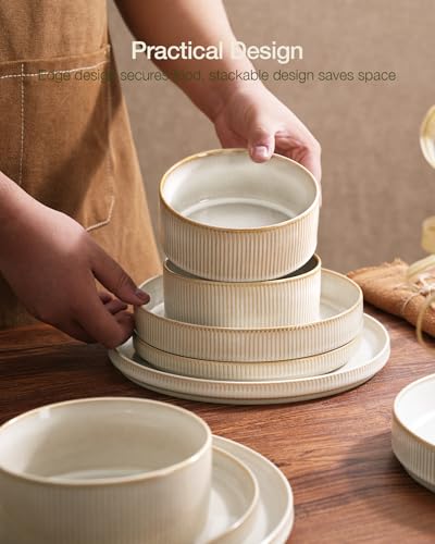 Famiware Cappuccino White Star Stoneware Dinnerware Set for 4 - Reactive Glaze Plates & Bowls