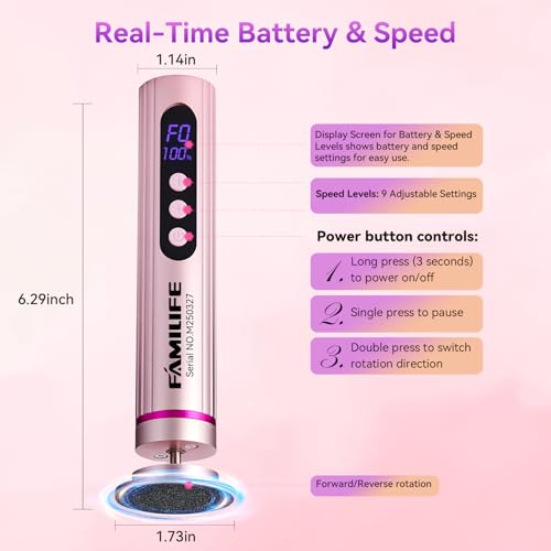 FAMILIFE Electric Foot File Callus Remover ? Rechargeable Pedicure Tool with Display Screen, Replaceable Sandpaper Discs, Forward & Reverse Rotation, for Men and Women