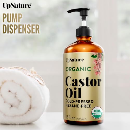 UpNature Organic Castor Oil 16oz - Cold Pressed, Hexane-Free, Glass Bottle & Pump Dispenser