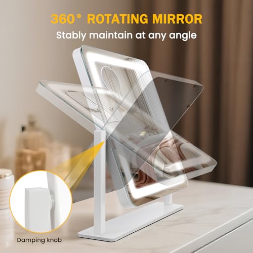 Rechargeable Vanity Mirror with Lights, 3000mAH Battery, 15"¡¿12.2" LED Makeup Mirror, 10X Magnification, Smart Touch with 3-Color Lighting, 360¡Æ Rotation, Lighted Up for Makeup Desk, Bedroom (White)