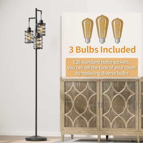 Oneach 70-Inch Black Industrial Floor Lamp with 3 Dimmable Bulbs, Farmhouse Corner Standing Tree Lamp for Living Room & Bedroom