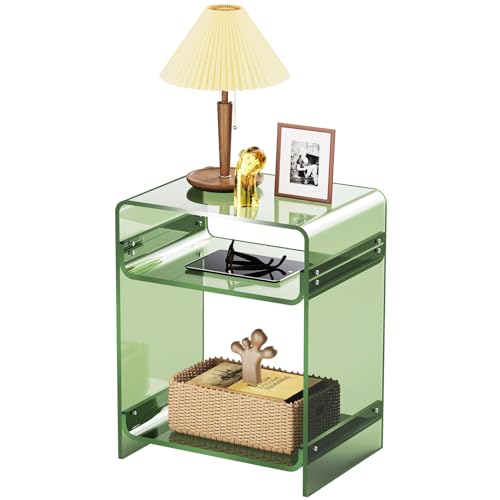 Acrylic End Table with Storage Shelf - Green Record Player Side Table
