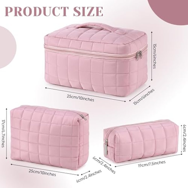 3 Pcs Large Puffy Makeup Bag Set Quilted Cosmetic Pouch for Women Cute Checkered Travel Toiletry Bag Puffer Makeup Organizer Purse Pouch Preppy Pencil Case with Zipper Valentine Gift(Pink)