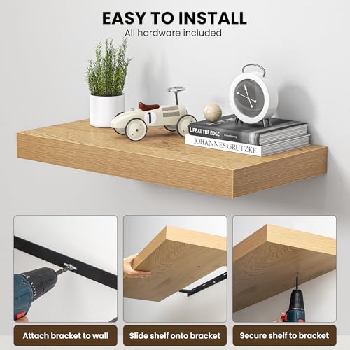 Floating Wall Shelves - 55-Inch Oak Deep Shelves for Living Room & Bedroom - Set of 1