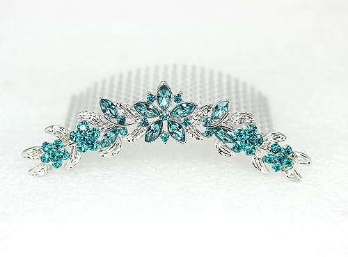 Teal Rhinestone Floral Hair Comb for Weddings & Special Occasions - Faship