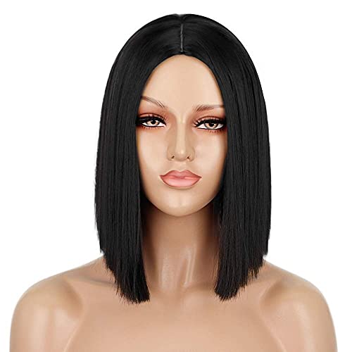 Entranced Styles Matt Black Short Wigs for Women 12.5 Inch Heat-Resistant Synthetic Bob Wig Halloween Cosplay Costume Party
