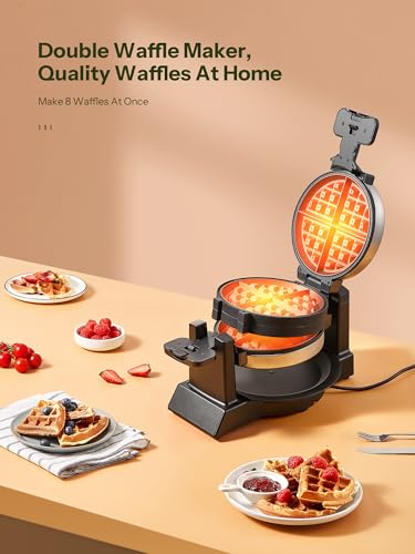 Double Belgian Waffle Maker 8 Slices, 180° Flip, 1400W Non-Stick