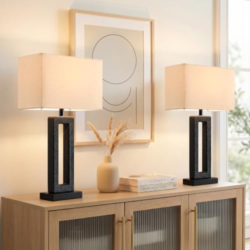 22-Inch Matte Black Textured Ceramic Table Lamps Set of 2 with Linen Shades - Modern Nightstand Lamps for Bedroom & Living Room - Variation: Matte Black-2Pack-22"