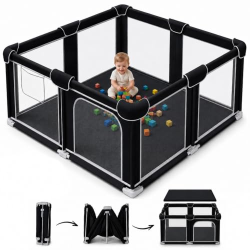 Black Foldable Baby Playpen 50x50 Inches with Mesh Walls & Mat - Portable Toddler Play Yard