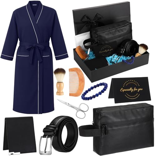 10 Pcs Birthday Gifts Baskets for Men Get Well Soon Gifts Beard Care Set for Him with Bathrobe, Wallet, Makeup Bag, Belt, Bracelet, Beard Comb & Brush Set for Dad Boyfriend Husband(Blue)