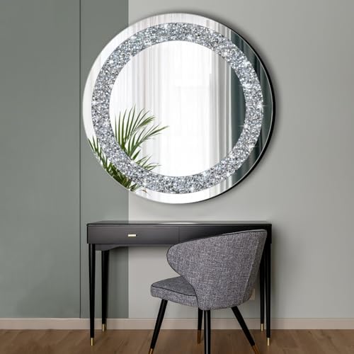 QMDECOR 28x28 Inch Round Wall Mirror with Crystal Diamond Accents - Silver Home Decor Variation of THIS listing