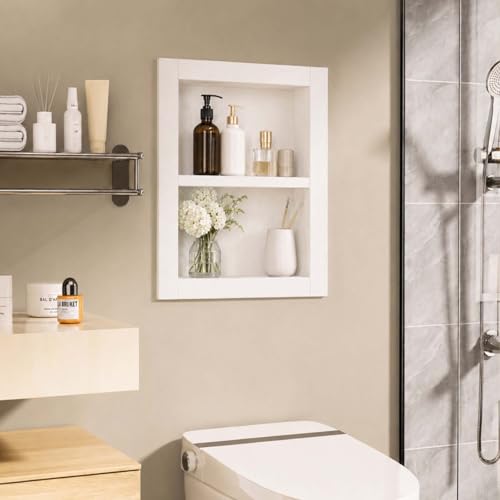 White 14x18'' Recessed Solid Wood Medicine Cabinet with 2-Tier Shelves - No Mirror