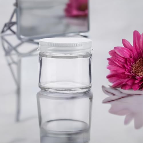 JUVITUS (6 pack) 2 oz / 60 ml Clear Thick Glass Jar with White Metal Airtight Lid