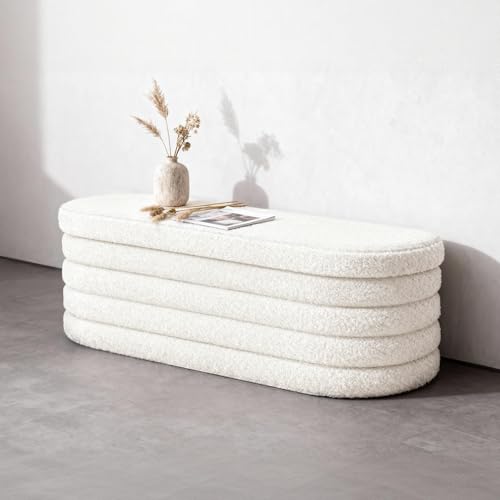 43-Inch Storage Ottoman Bench with Padded Top and Sherpa White Fabric