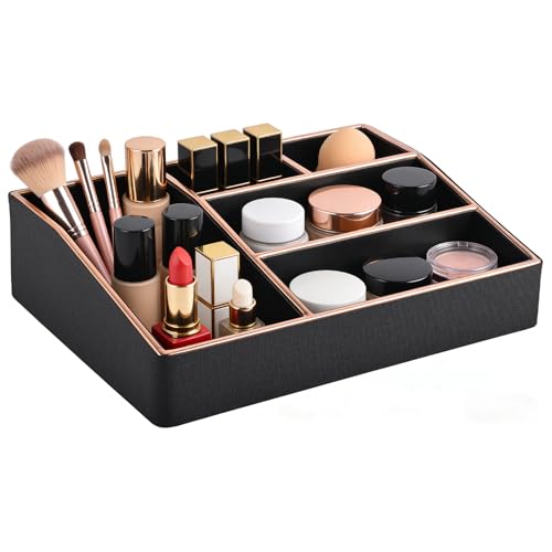 Large Black PU Leather Makeup Organizer Tray with 5 Compartments - Vanity Storage