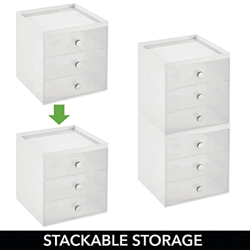 mDesign Makeup Organizer Storage Cube with 3 Drawers - White/Clear
