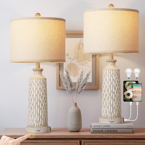 QiMH 26-Inch Farmhouse Table Lamps Set of 2 - Off-White Beige White Decor