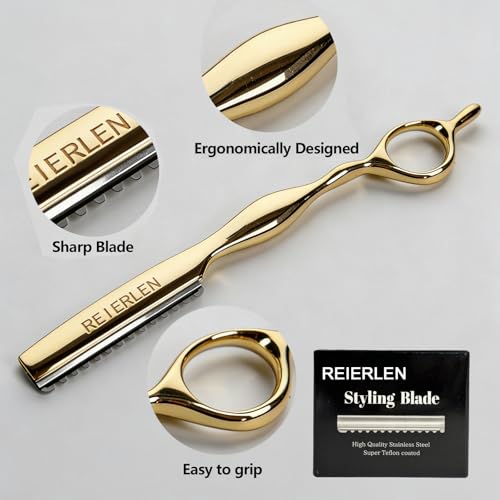Hair Razors for Cutting - Professional Hair Cutting Razor with 10 Replacement Blades, Stainless Steel Hair Thinning & Texturizing Razor for Salon & Home, Includes Razor Comb & Case, Gold