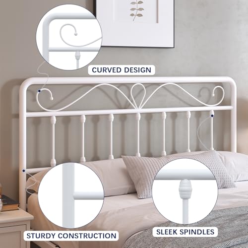 Full Size Metal Headboard for Bed Frame - White Victorian Style, Adjustable Height
