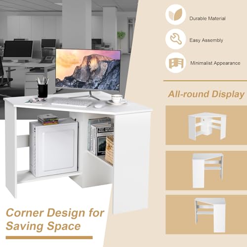 White Compact Corner Desk 33.5 x 33.5 Inches Space-Saving Study Table