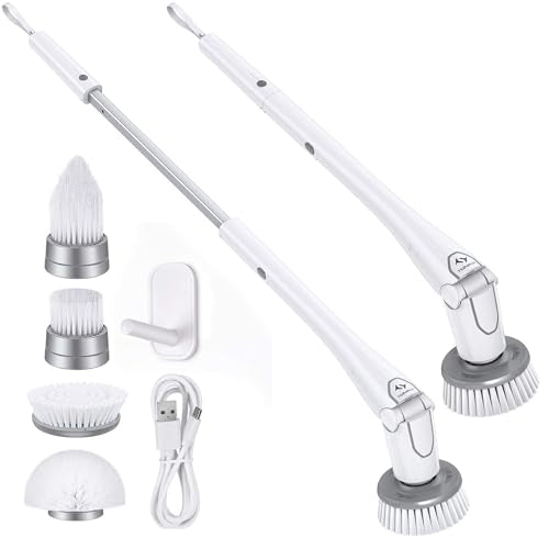 White Cordless Electric Spin Scrubber with Extendable Handle & 4 Brush Heads