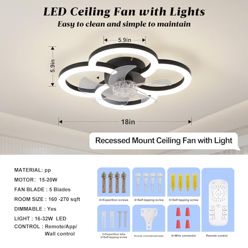 Matte Black 18-Inch LED Ceiling Fan with Lights Remote & Dimmable 3000-6500K