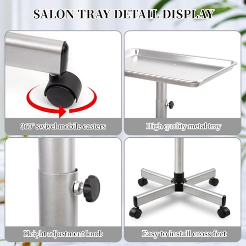 Salon Tray on Wheels, Hair Color Tray Salon Service Rolling Cart with Adjustable Height, Metal Tattoo Trolley Tray for Spa&Home Use, Silver